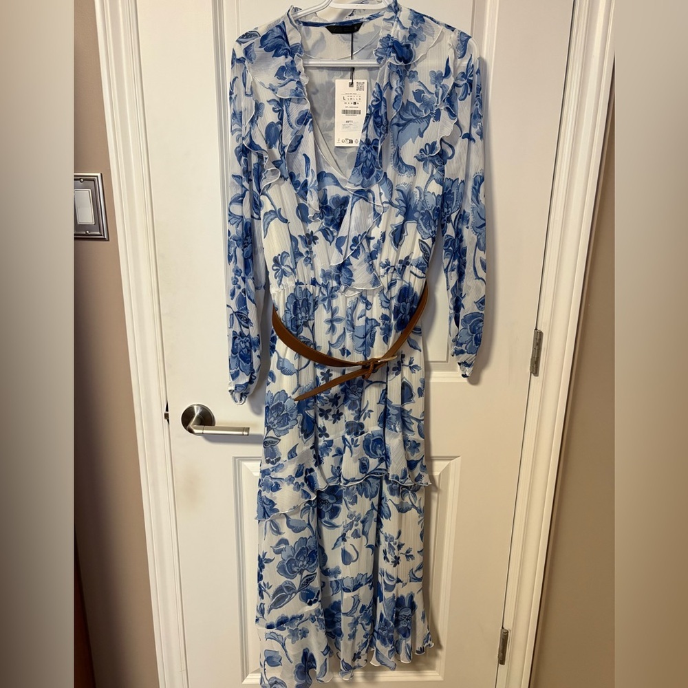 Zara White and Blue Floral Midi Dress